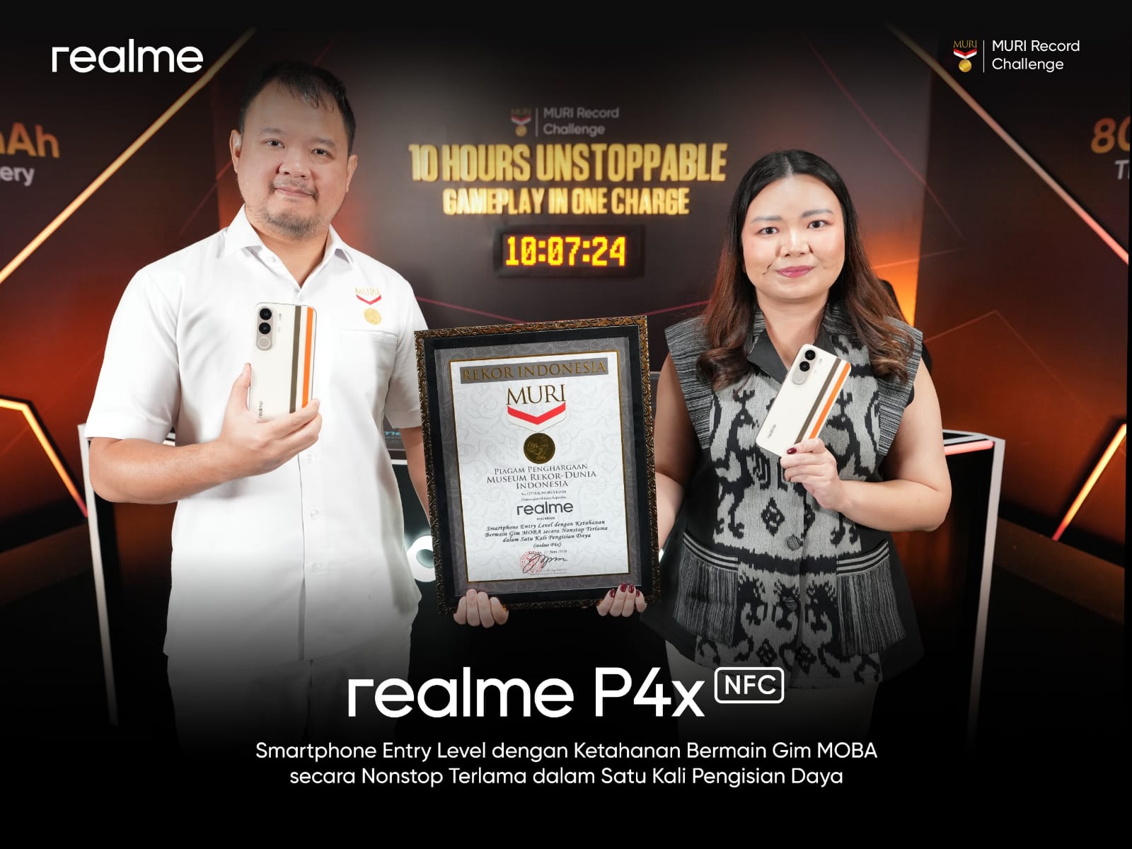Realme P4x Pecahkan Rekor MURI “10 Jam Main MOBA Tanpa Henti Sekali Charge”, Bukti Nyata 8000mAh Partner Gaming Tahan Lama